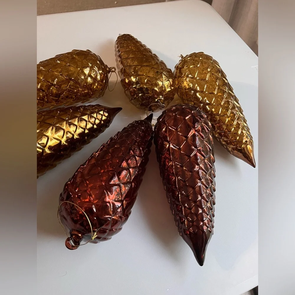 ▪️6 VINTAGE LARGE BLOWN BRONCE AMBER GLASS ORNAMENT PINE CONE